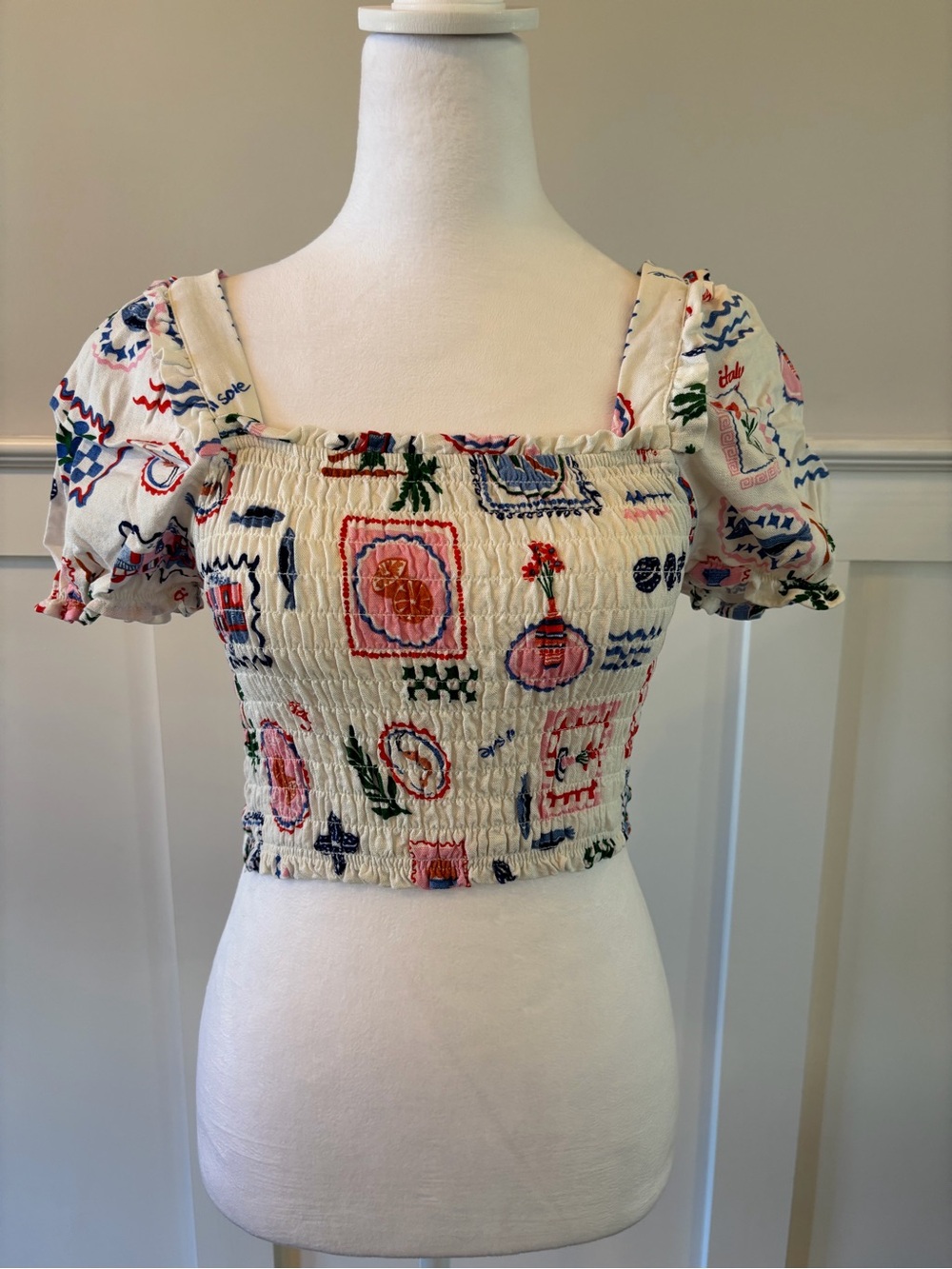 Smocked Square-Neck Cropped Top - Cream Multi Print